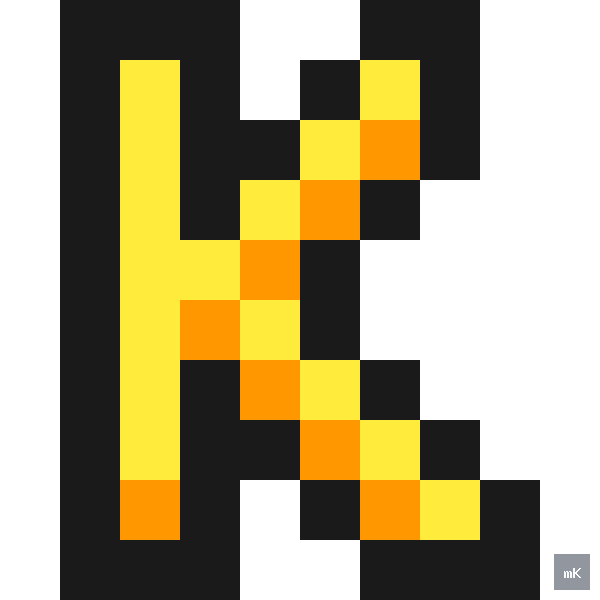 Dyktando graficzne «Litera K» - siatka 10×10, kodowanka pixel art do druku za darmo