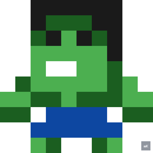 Dyktando graficzne «Marvel's Hulk» - siatka 10×10, kodowanka pixel art do druku za darmo