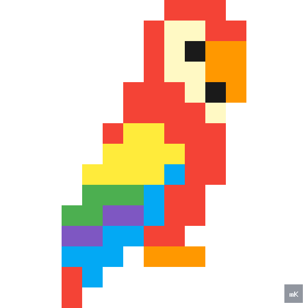Dyktando graficzne «Papuga» - siatka 15×15, kodowanka pixel art do druku za darmo