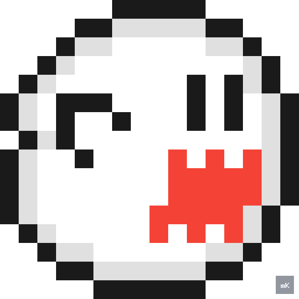 Dyktando graficzne «Super Mario Boo» - siatka 16×16, kodowanka pixel art do druku za darmo