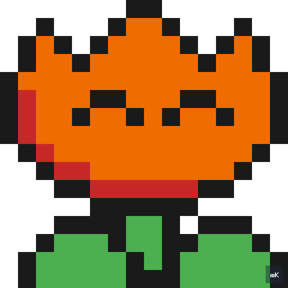 Dyktando graficzne «Super Mario Fire Flower» - siatka 16×16, kodowanka pixel art do druku za darmo