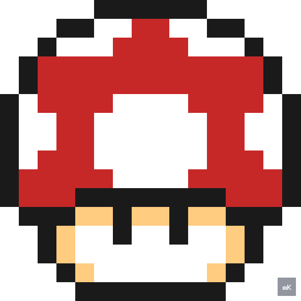 Dyktando graficzne «Super Mario Mushroom» - siatka 16×16, kodowanka pixel art do druku za darmo