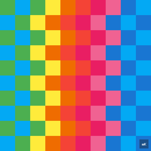 Dyktando graficzne «Tęcza» - siatka 10×10, kodowanka pixel art do druku za darmo